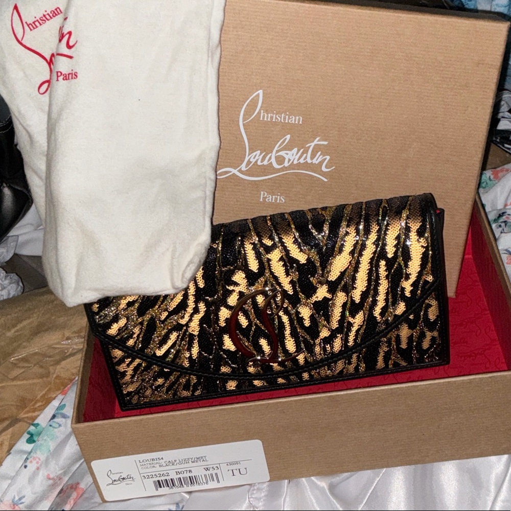 Christian Louboutin Gold and Black Metallic Animal-Print Envelope Clutch